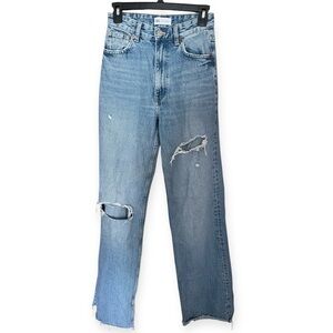 Zara Women’s Ripped Raw Hem Long Wide Leg High‎ Waisted Jeans Sz 2